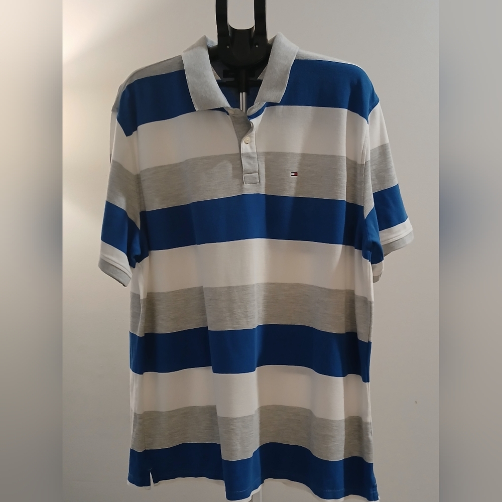 Tommy Hilfiger Men's Blue and Gray Striped Shirt